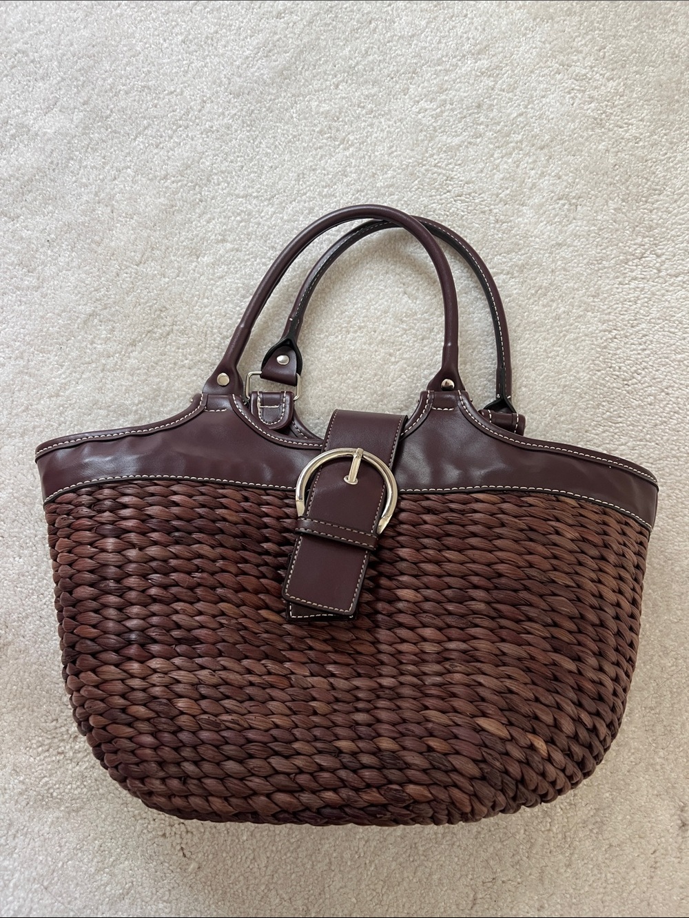 Woven Brown Tote Bag with Buckle Detail